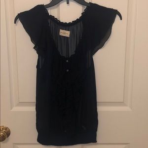 Sheer ruffle button down front navy blouse A&F
